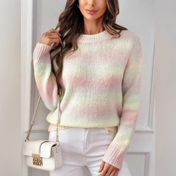 Multi Cable Knit Tie Dye Drop Shoulder Ombre Sweater Mult Sizes New - Picture 2 of 6